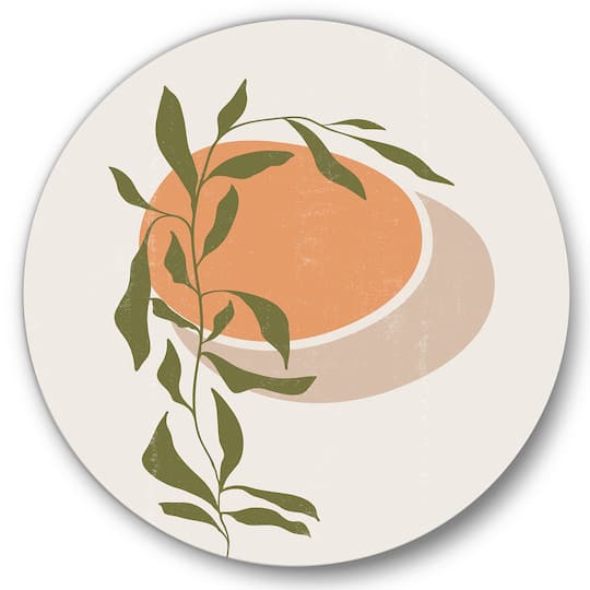 Designart - Abstract Orange Sun and Moon With Tropical Leaf - Modern Metal Circle Wall Art